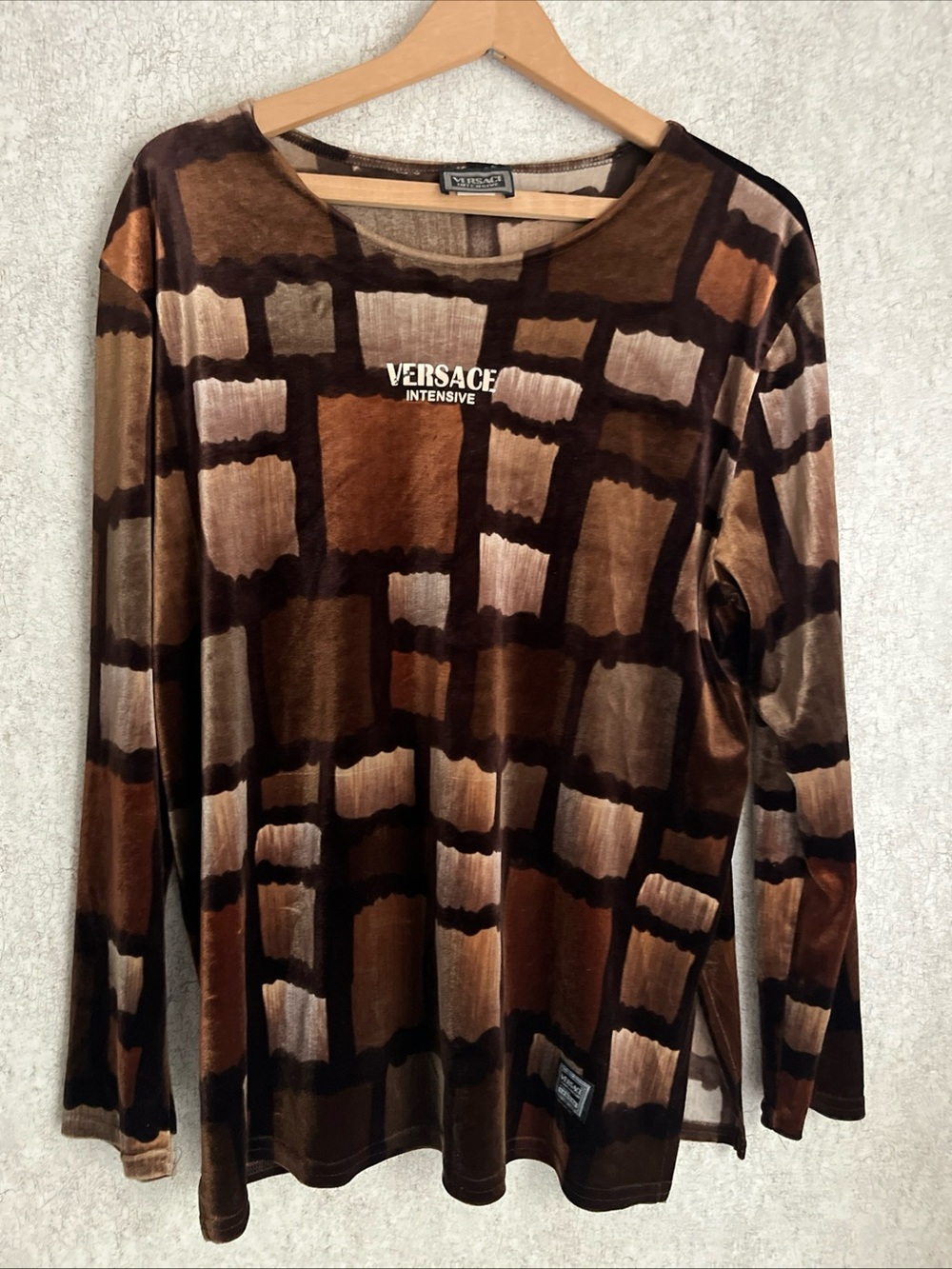 Vintage Versace Intensive Velour Brown & Black Geometric Patchwork Pattern XL